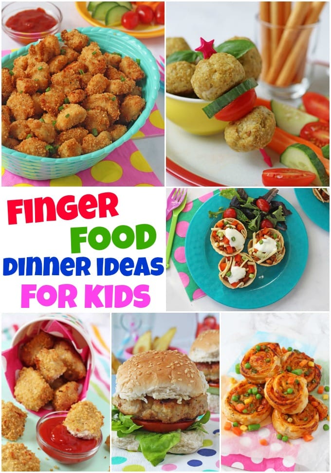 finger food dinner ideas for kids collage showing popcorn chicken, chicken and pesto meatballs, quorn taco cups, chicken and apple burgers, vegetable roll ups and quinoa chicken nuggets.